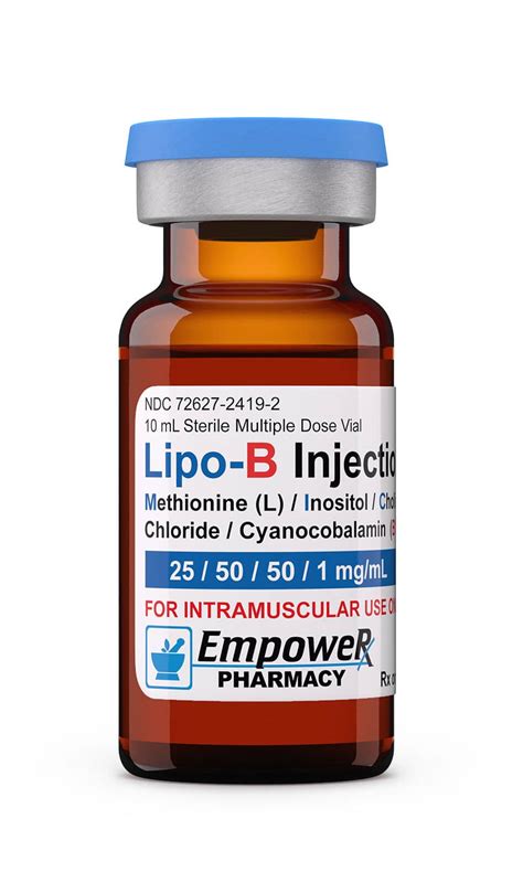 Lipo-B Injection: (Methionine / Choline Chloride / Cyanocobalamin) 25/50/1 mg/mL 10 mL Vial Lipo-B Injection: (Methionine / Choline Chloride / Cyanocobalamin) 25/50/1 mg/mL 30 mL Vial. General Information. The Lipo-B (MIC) injection is a product that contains a combination of compounds that have been shown to exhibit lipotropic effects. 